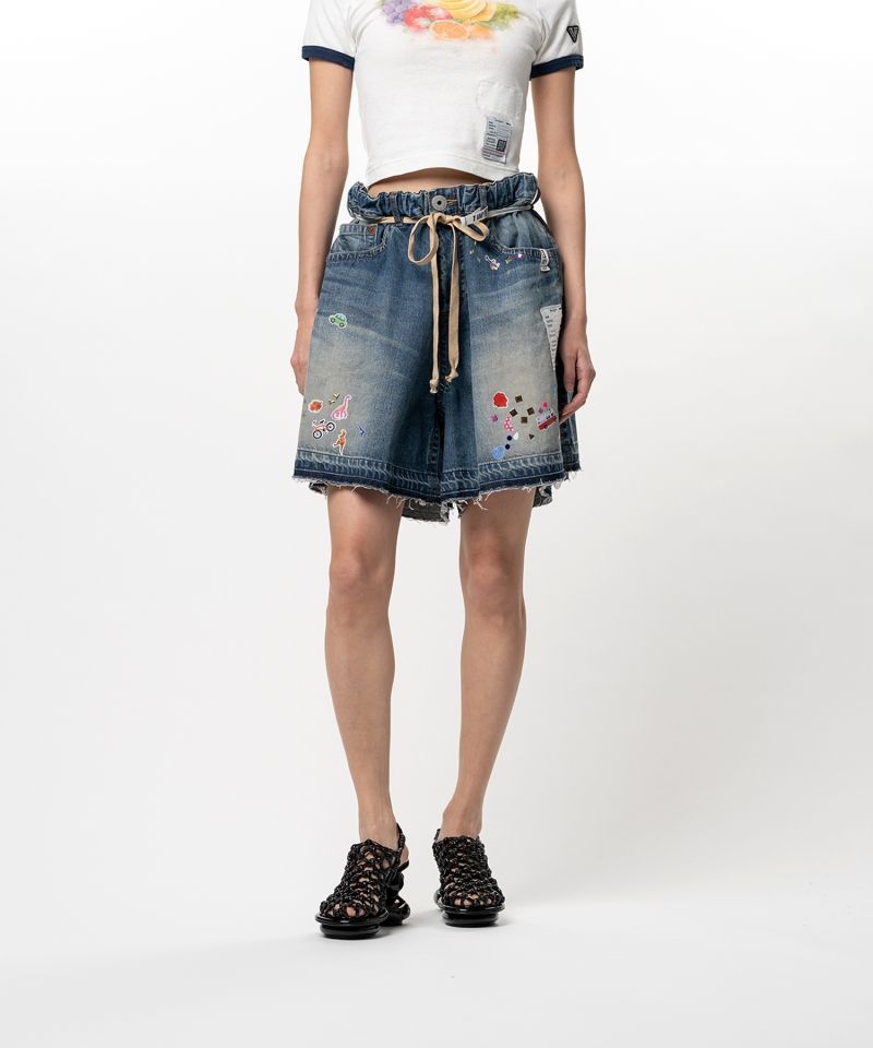 Kids Sticker Printed Denim Gather Shorts