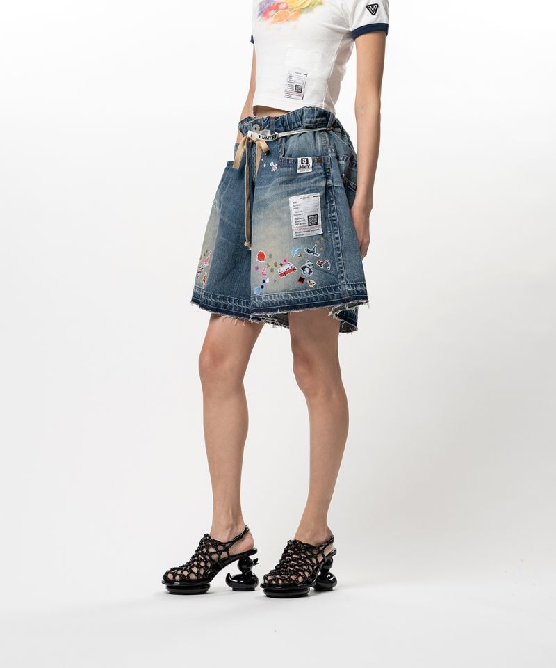 Kids Sticker Printed Denim Gather Shorts