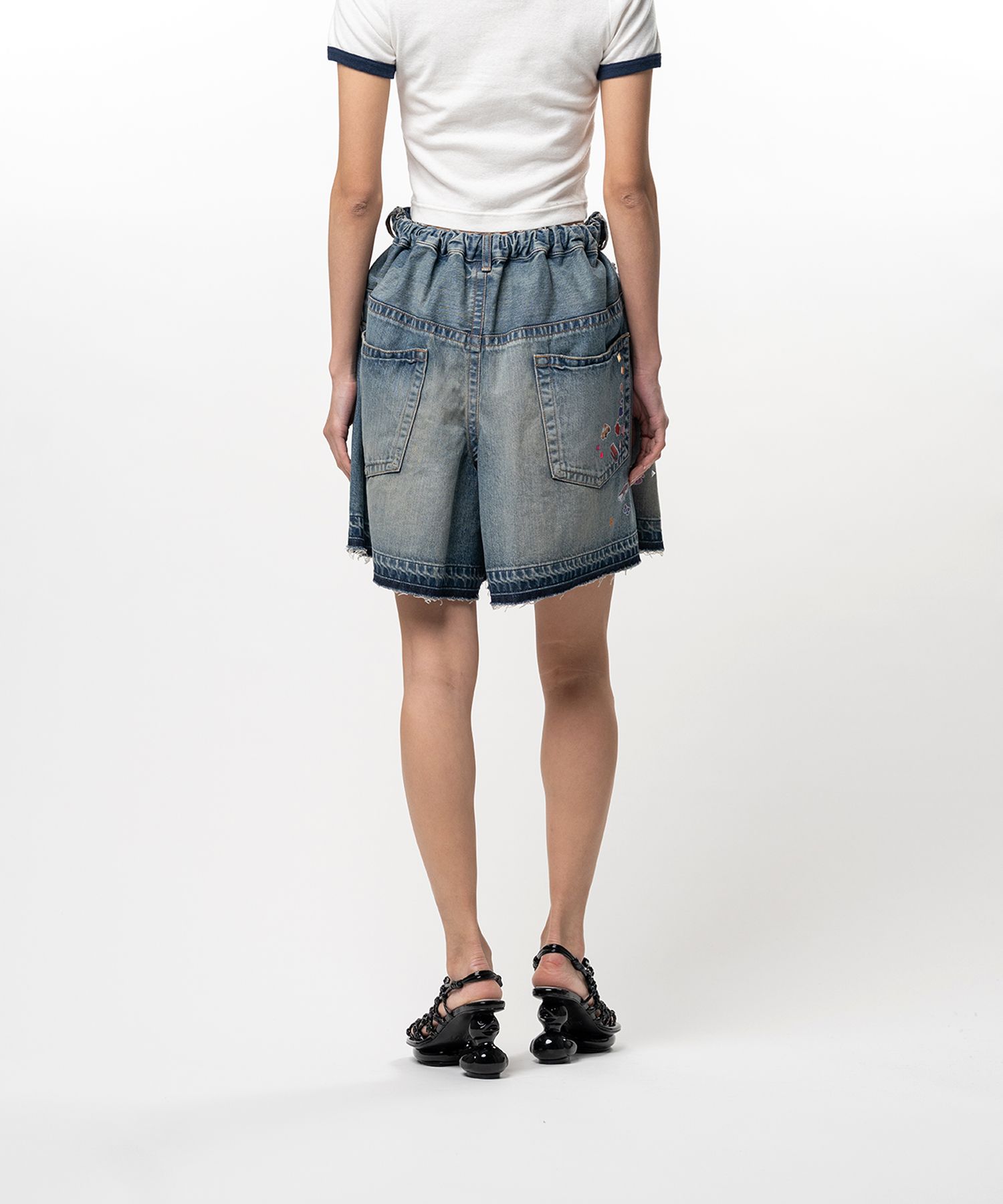 Kids Sticker Printed Denim Gather Shorts