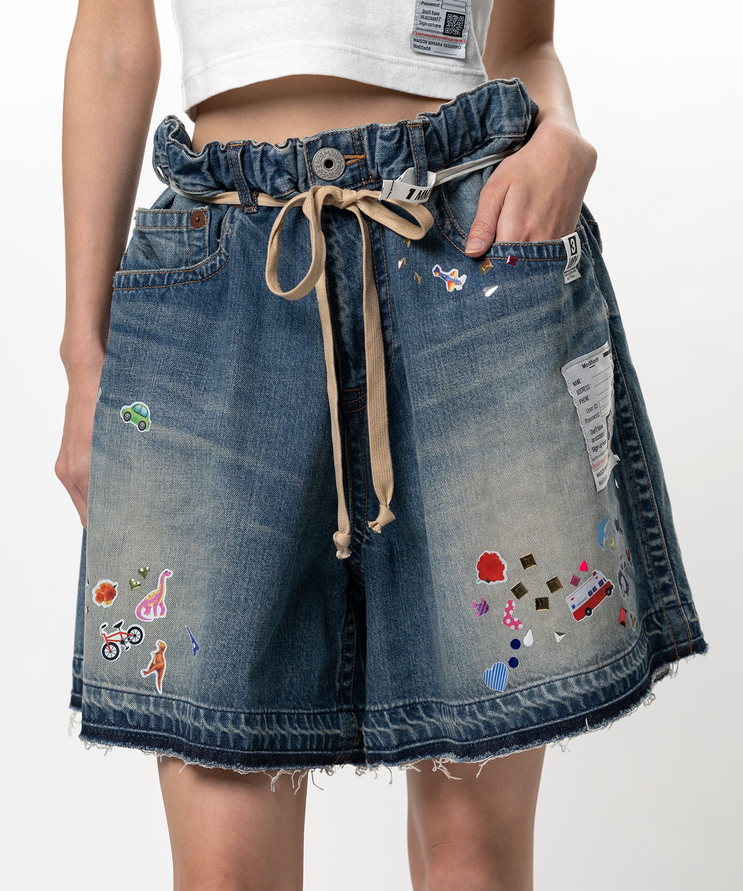 Kids Sticker Printed Denim Gather Shorts