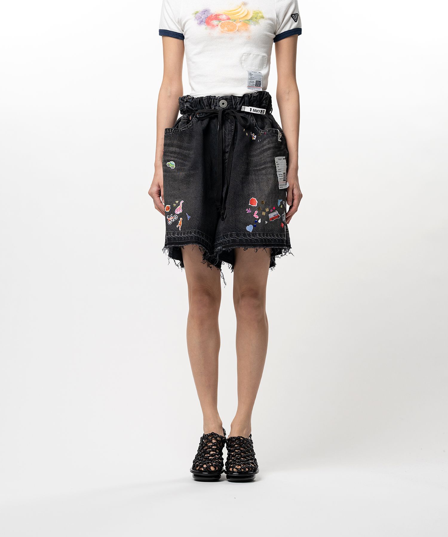 Kids Sticker Printed Denim Gather Shorts