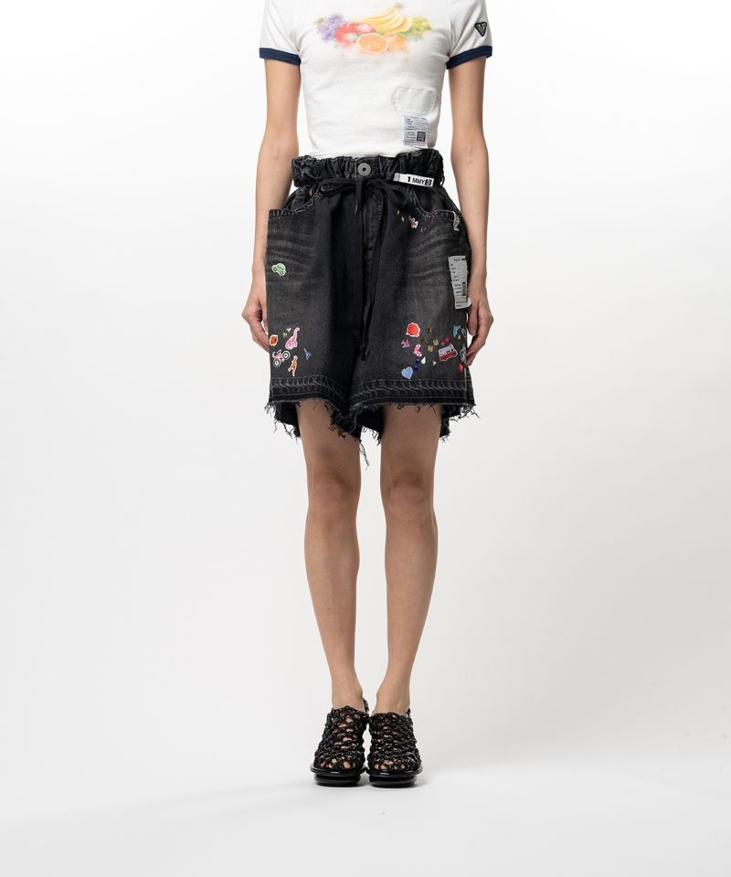 Kids Sticker Printed Denim Gather Shorts