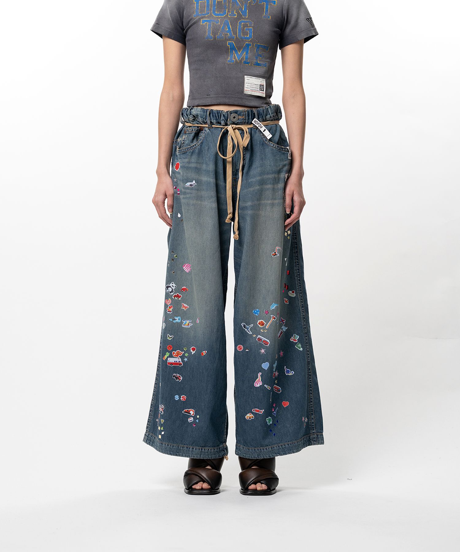 Kids Sticker Printed Wide Denim Pants