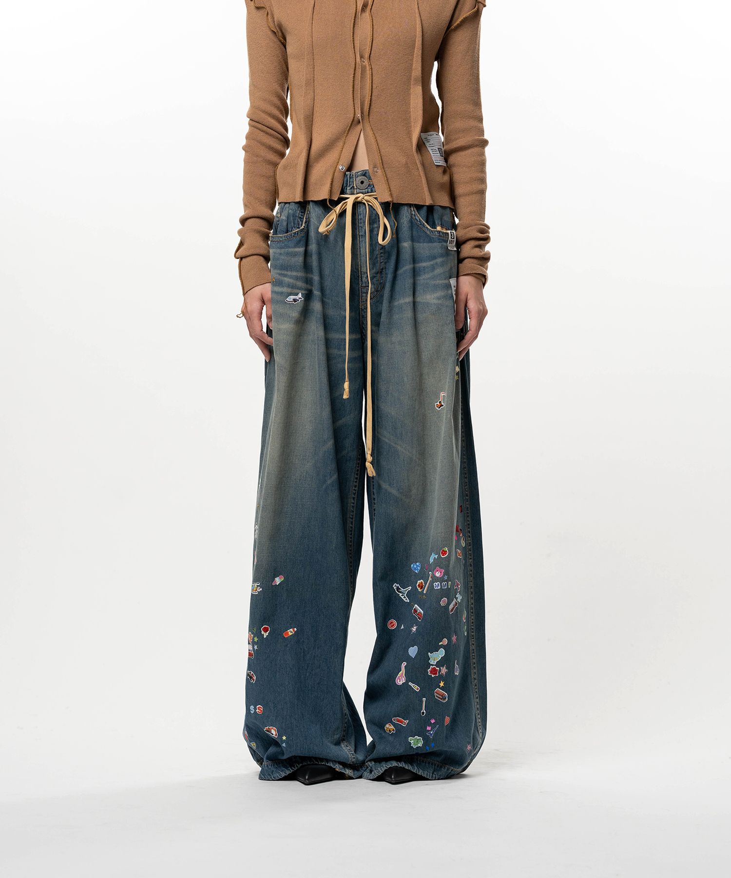 Kids Sticker Printed Wide Denim Pants