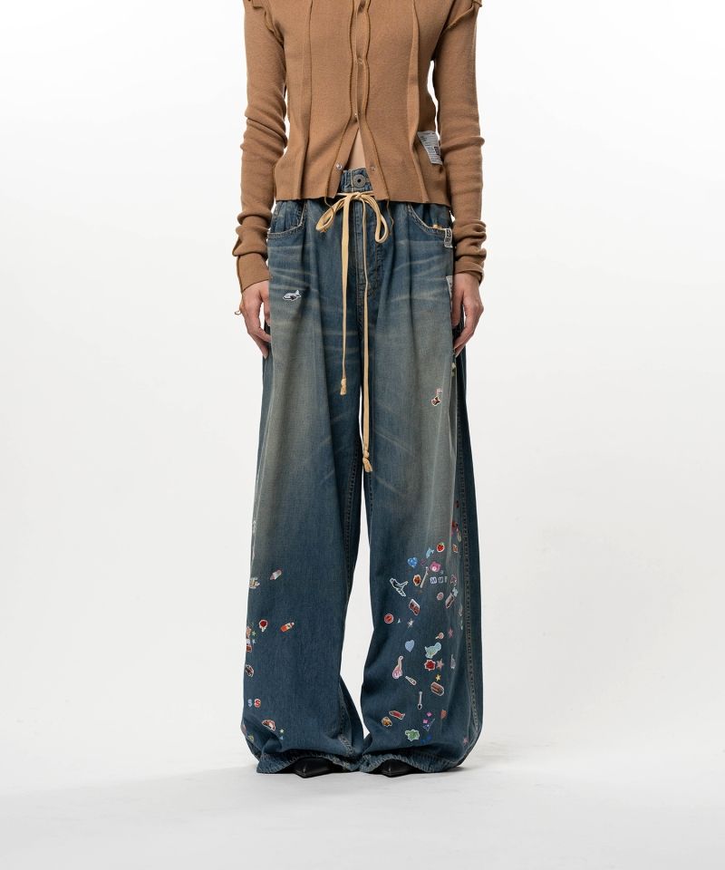 Kids Sticker Printed Wide Denim Pants