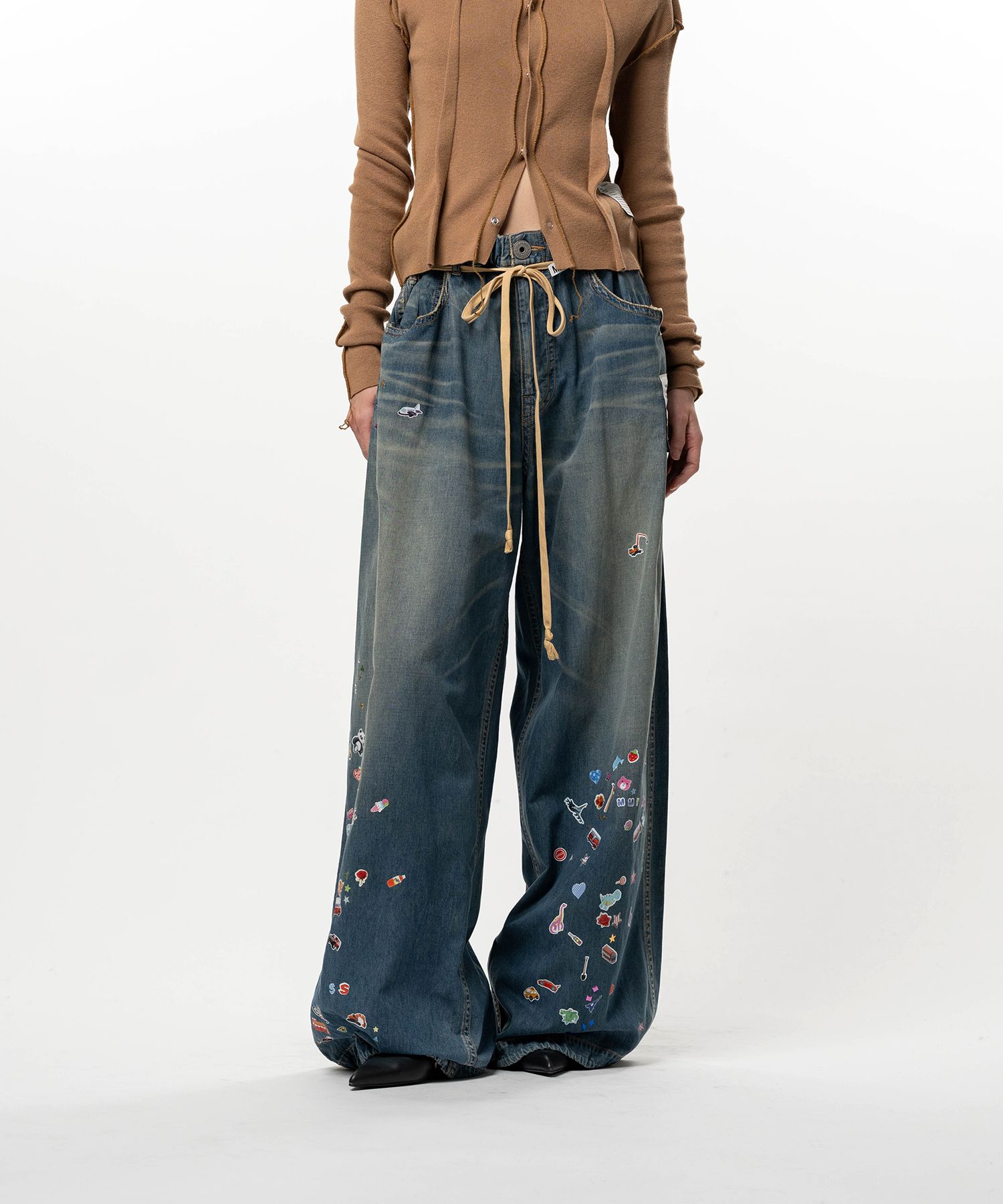 Kids Sticker Printed Wide Denim Pants