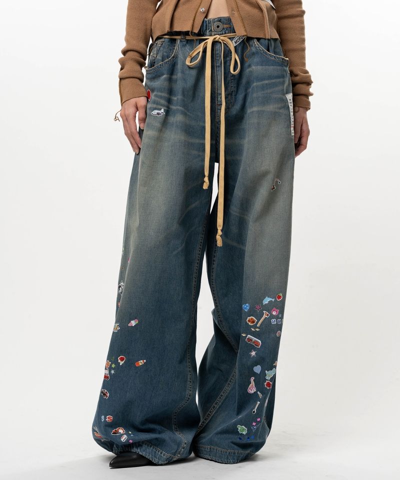 Kids Sticker Printed Wide Denim Pants
