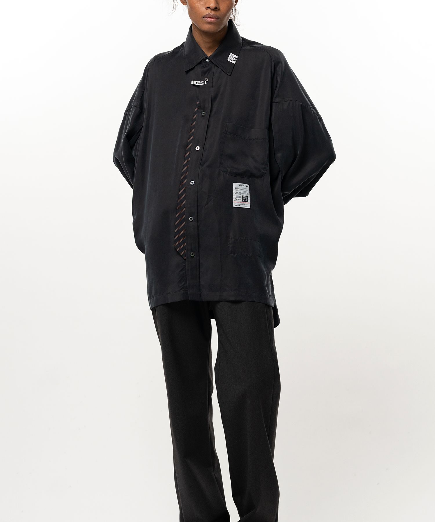 Attached Tie Long Sleeve Satin Shirt