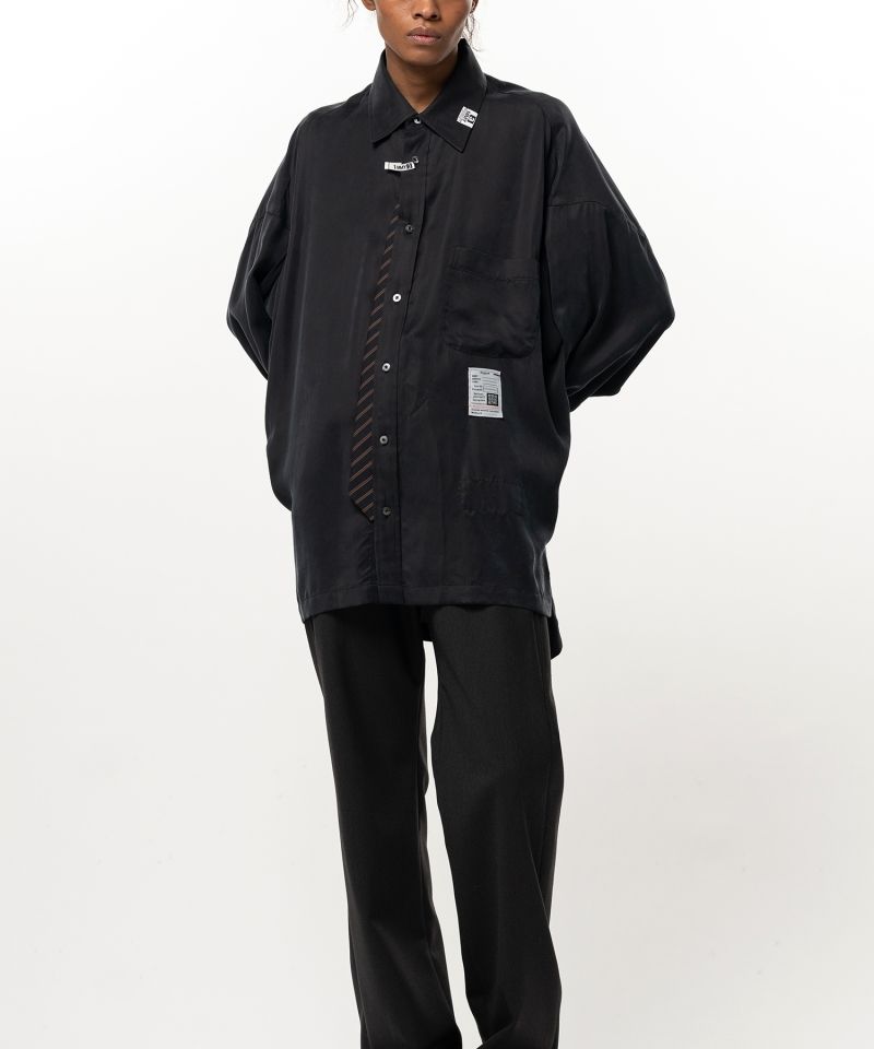 Attached Tie Long Sleeve Satin Shirt