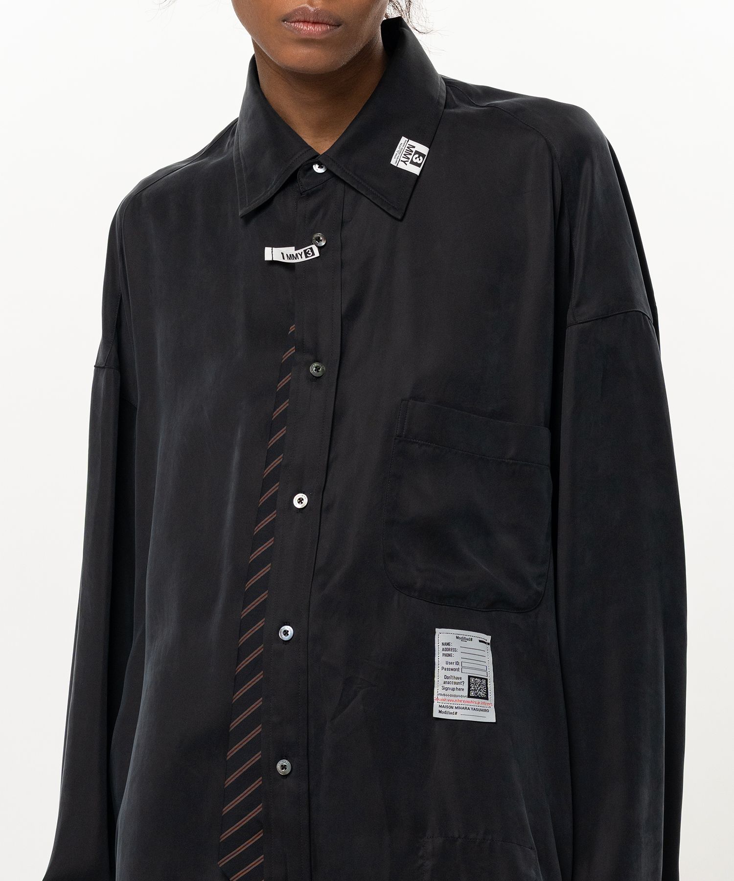 Attached Tie Long Sleeve Satin Shirt