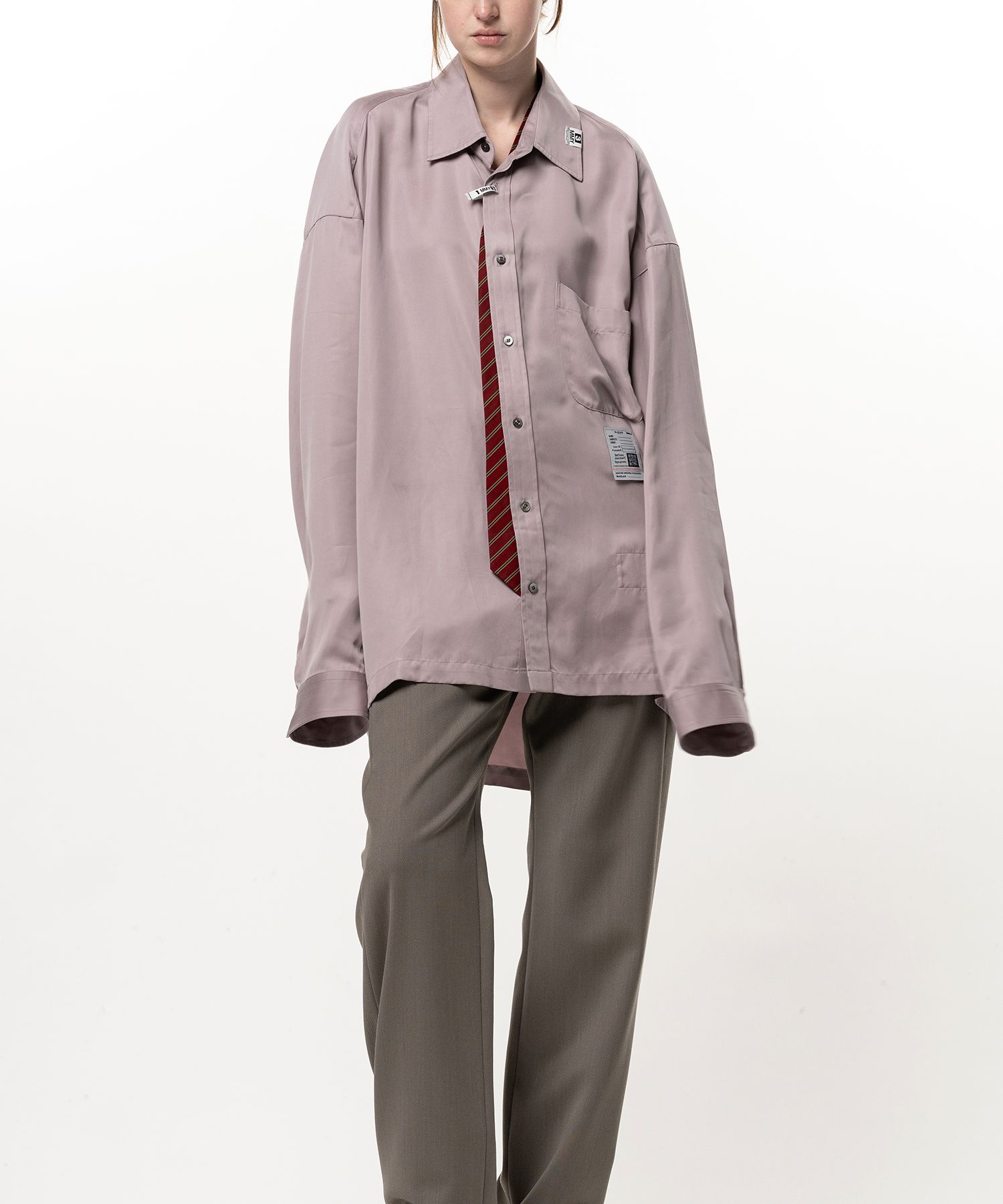Attached Tie Long Sleeve Satin Shirt