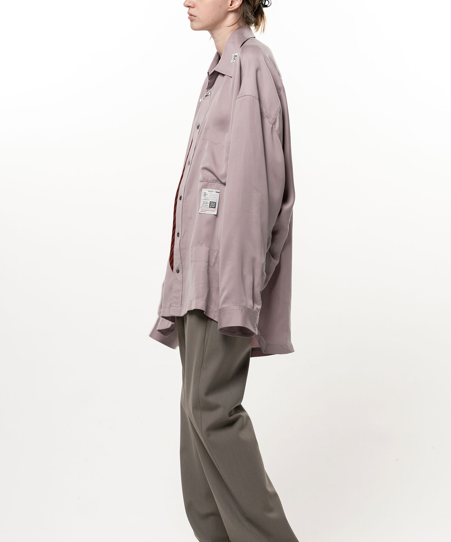 Attached Tie Long Sleeve Satin Shirt