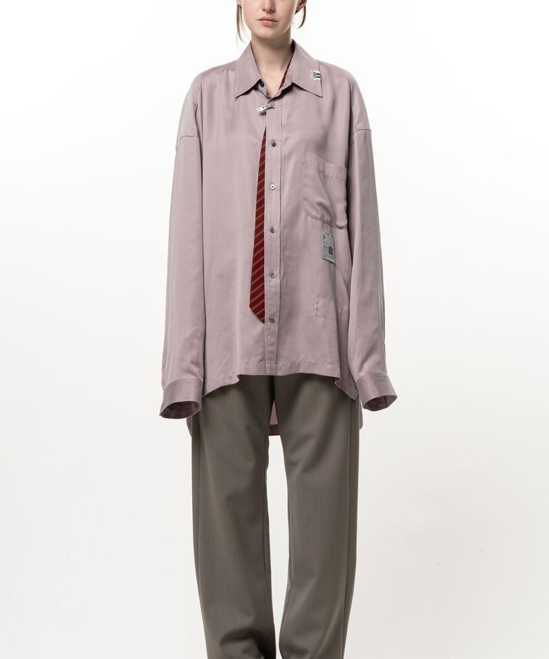 Attached Tie Long Sleeve Satin Shirt