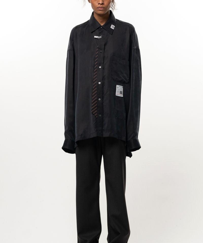Attached Tie Long Sleeve Satin Shirt
